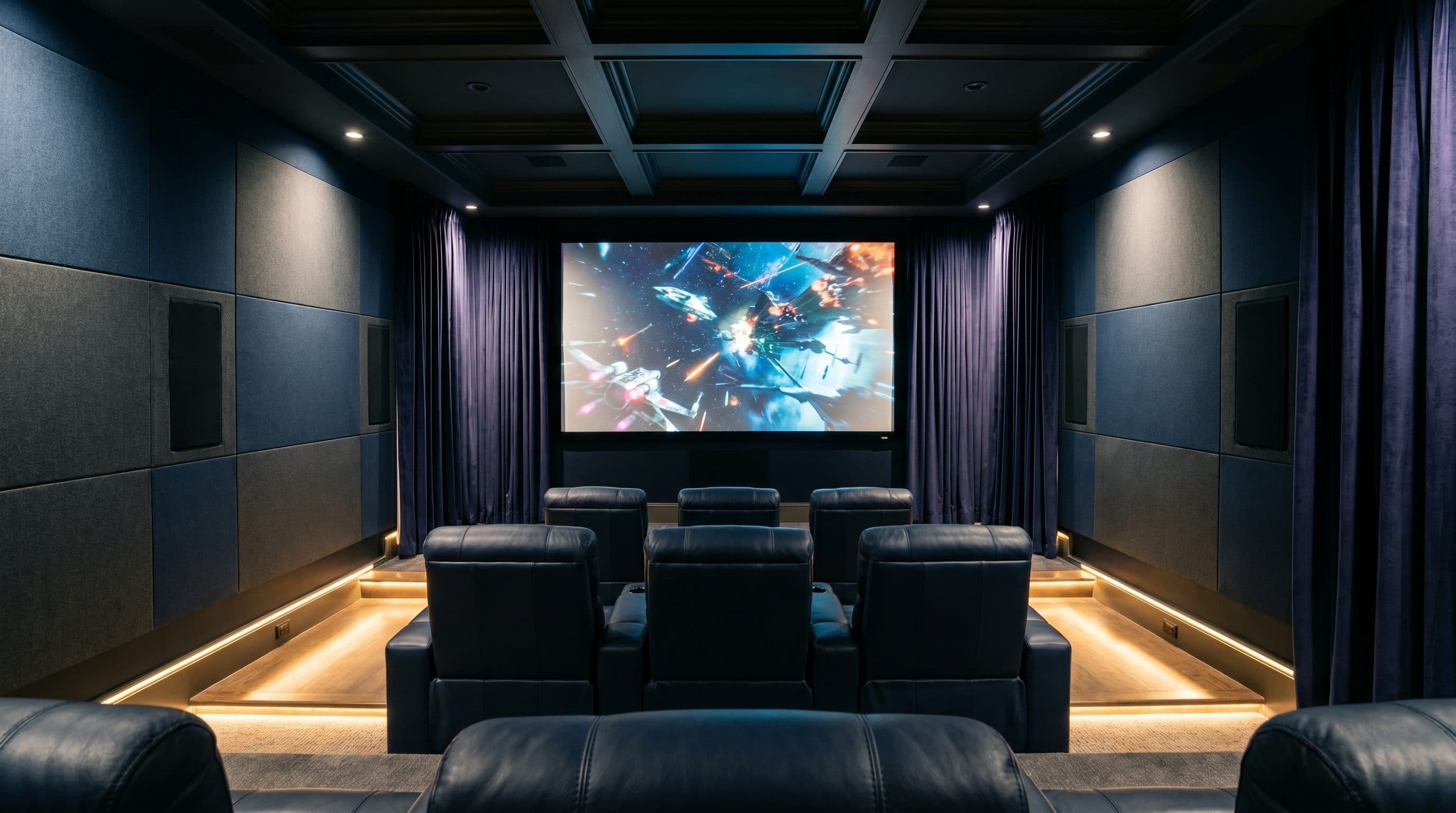 Dedicated home theater with tiered leather recliners, acoustic panels, and a projector screen, Cognito Media Services install, Dallas