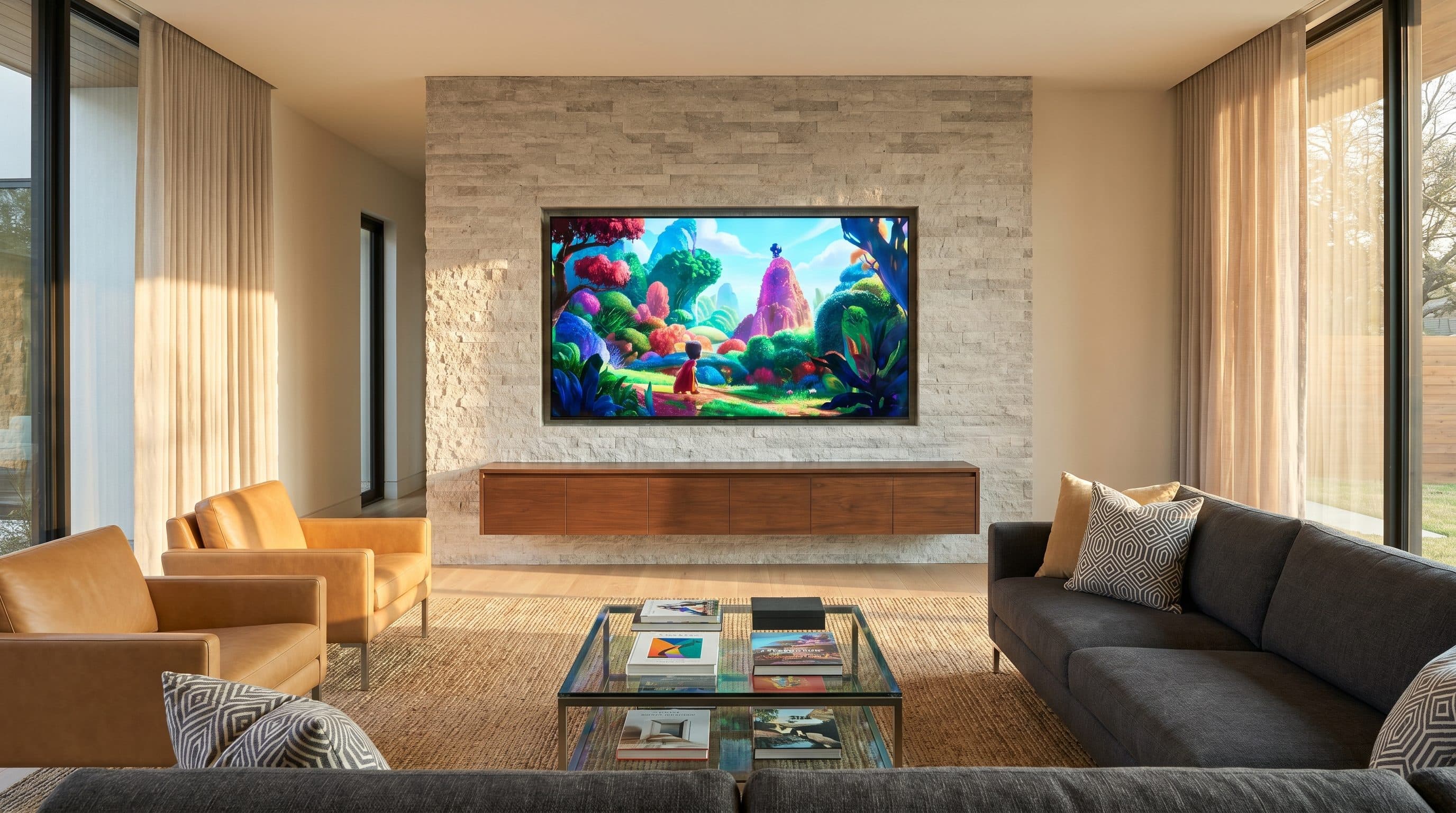 Large flat-screen TV professionally wall-mounted in a Dallas-Fort Worth living room with hidden wires